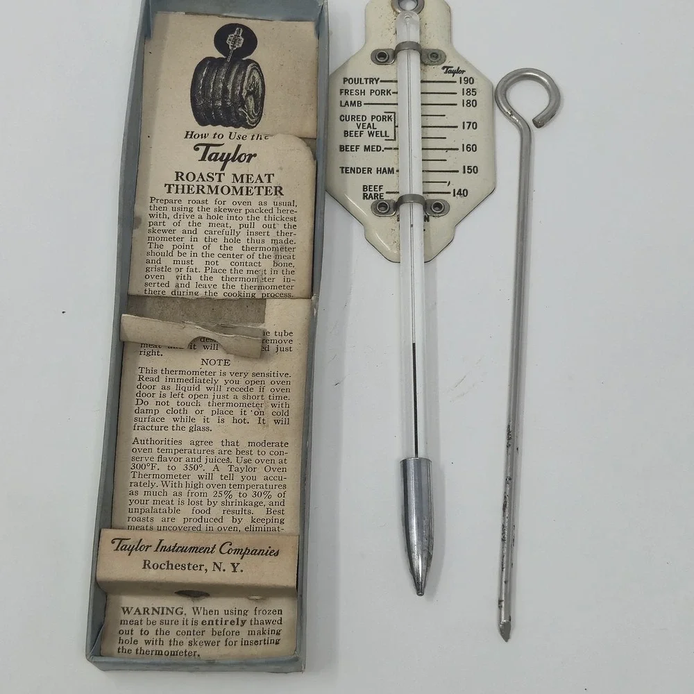 Vintage Taylor Roast Meat Thermometer And Skewer in Original Box